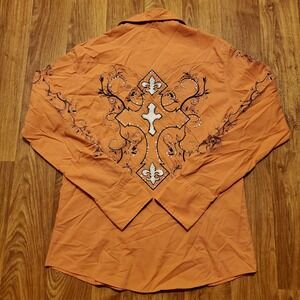 Vintage 90s El General Western Shirt Men Medium Orange Cross Embellished‎